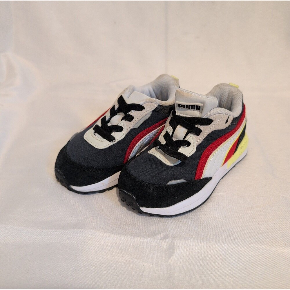 PUMA Unisex Kids Athletic Sneakers Gray Black White Red Yellow Mesh Lace Up Sz6C